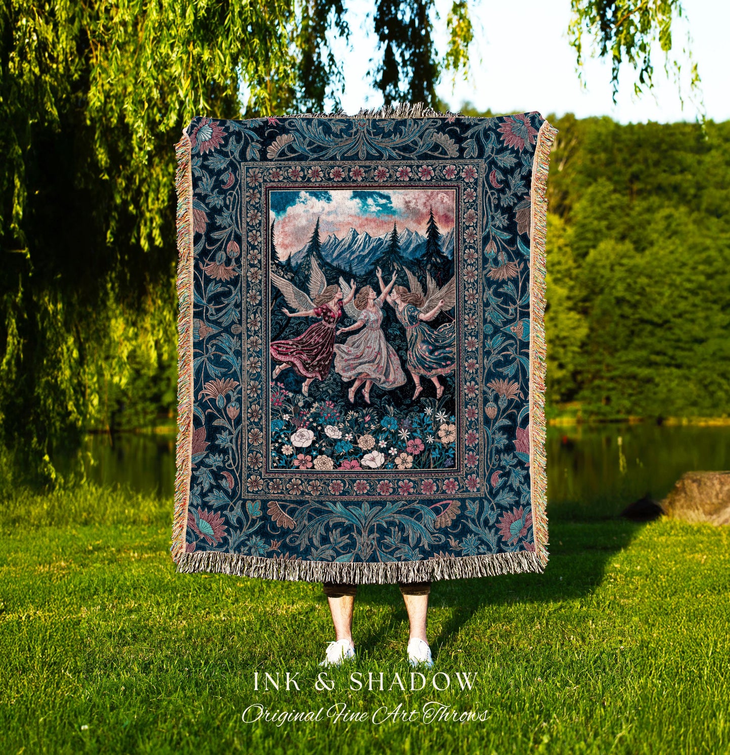 Playful Woodland Fairies Blanket | Dreamy Enchanted Fairytale Woven Tapestry Fairycore Medieval Throw Cottagecore Whimsical Folklore Vibe |