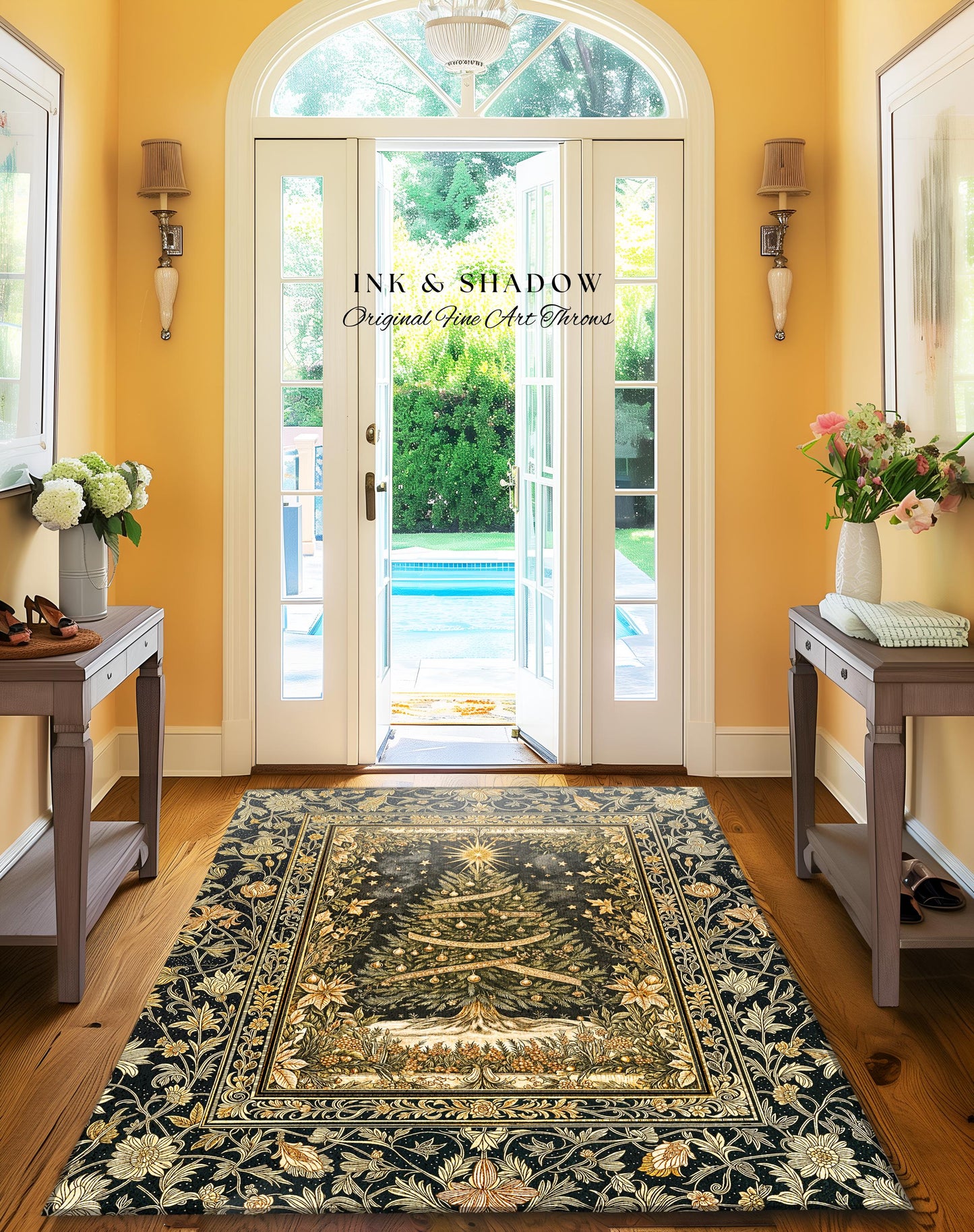 Celestial Wonder Christmas Rug | Cozy Winter Floor Art Cottagecore Tree Accent Rustic Cabin Decor Holiday Vintage Heirloom Xmas Style Gift