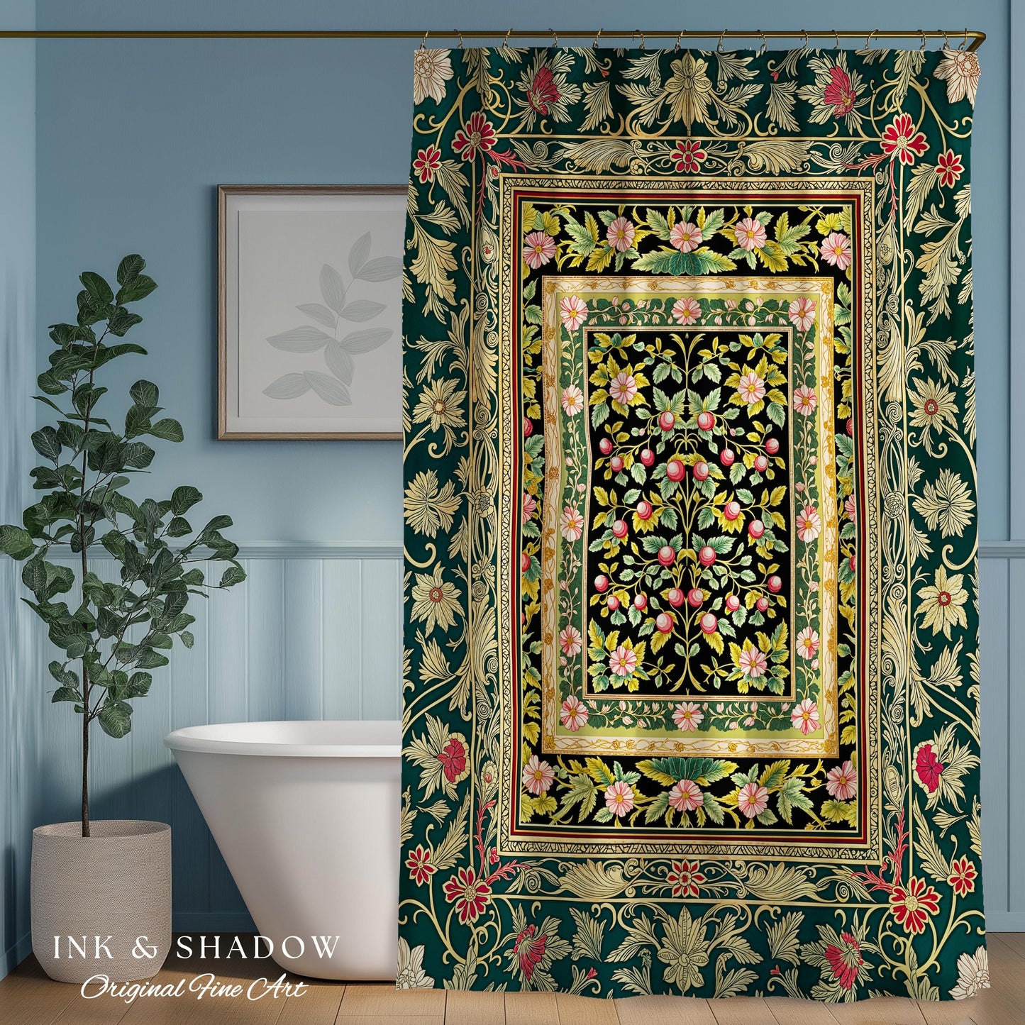 Botanical Abundance Gothic Shower Curtain | Baroque Rococo Garden Design Romantic Floral Bathroom Accent Romantic Dark Cottagecore Decor
