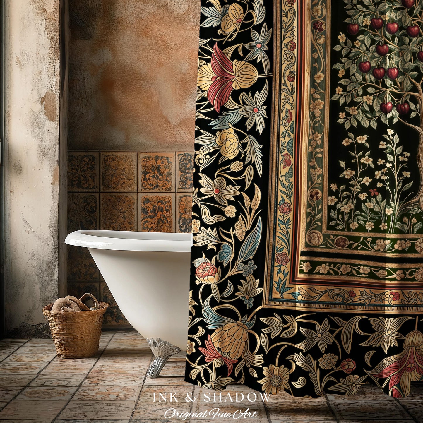 Rustic Garden Tree of Life Shower Curtain | Medieval Floral Motif Gothic Botanical Bathroom Decor Romantic Baroque Vintage Cherry Aesthetic