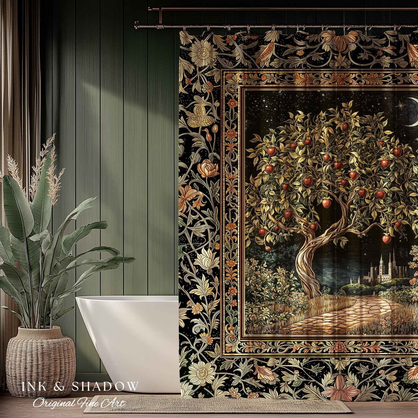 Starlit Storybook Tree Shower Curtain | Dreamy Bedroom Decor Folklore Castle Garden Magic Moody Celestial Folklore Bathroom Accent Bohemian