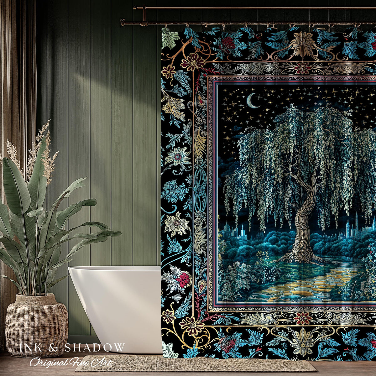 Starry Night Weeping Willow Tree Shower Curtain | Woodland Folklore Aesthetic Moonlit Castle Fairytale Decor Ethereal Witchy Bathroom Accent