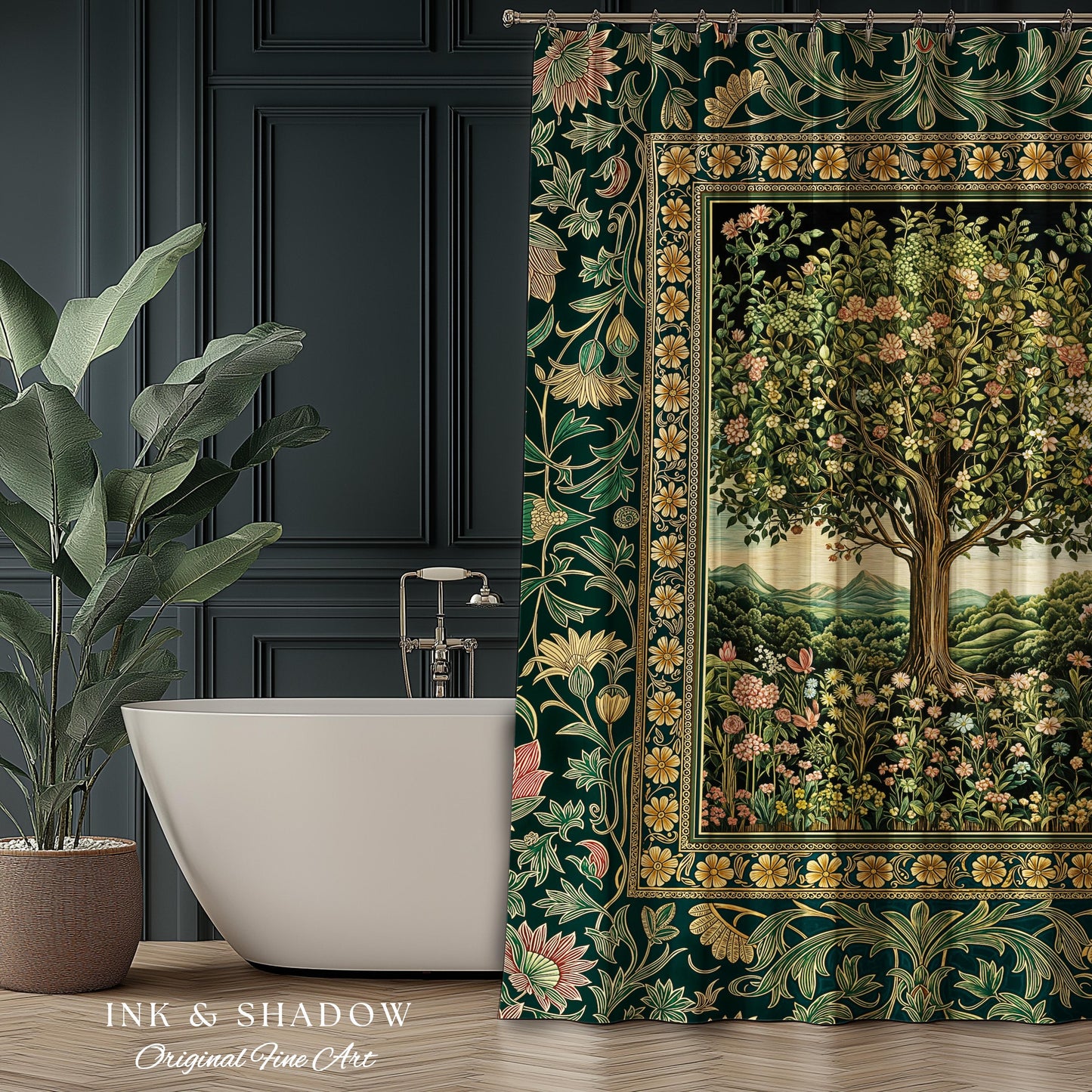 Pastoral Wildflower Garden Tree Shower Curtain | Floral Mountain Decor Romantic Landscape Bathroom Accent Botanical Nature Inspired Romantic