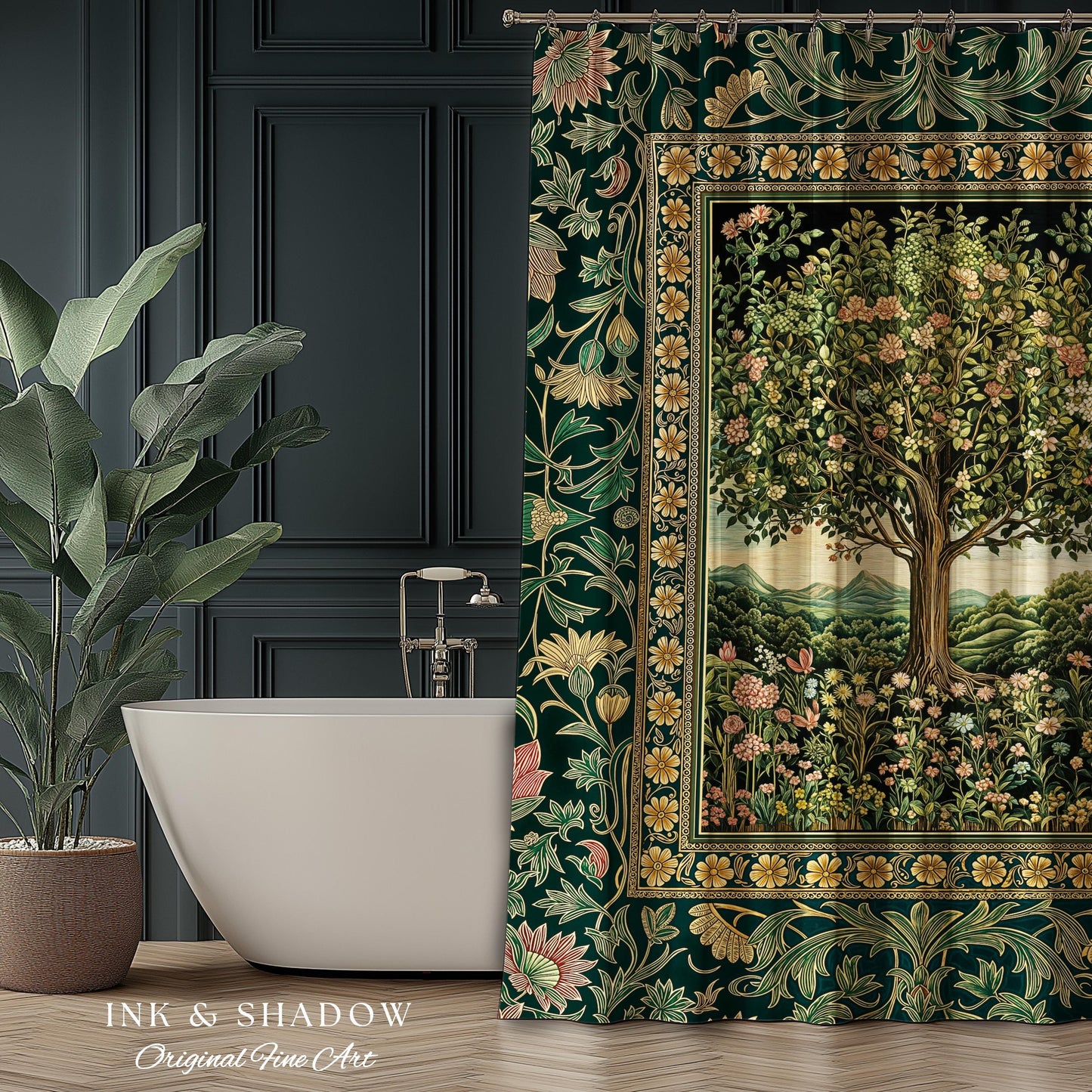 Pastoral Wildflower Garden Tree Shower Curtain | Floral Mountain Decor Romantic Landscape Bathroom Accent Botanical Nature Inspired Romantic