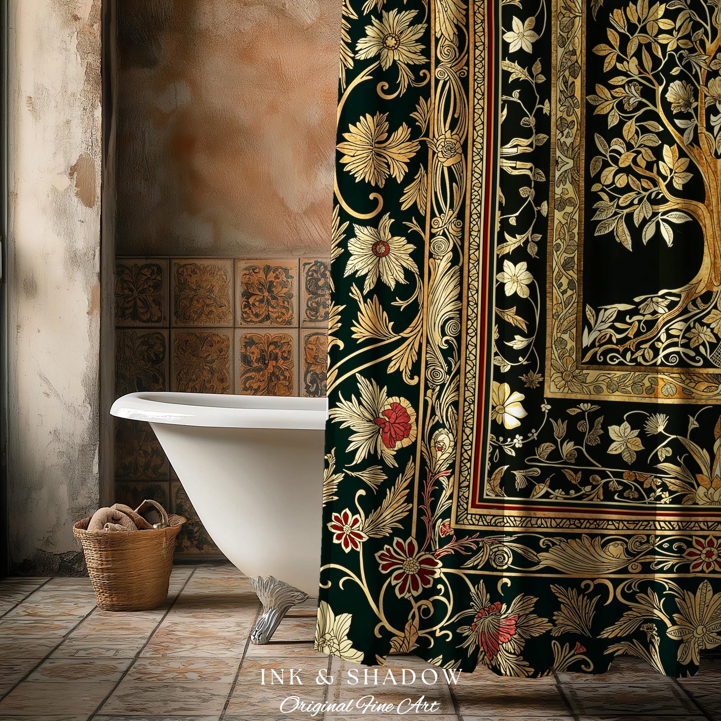 Regal Golden Tree of Life Shower Curtain | Gilt Border Ornate Medieval Design Folklore Style Woodland Decor Maximalist Bathroom Nordic Boho