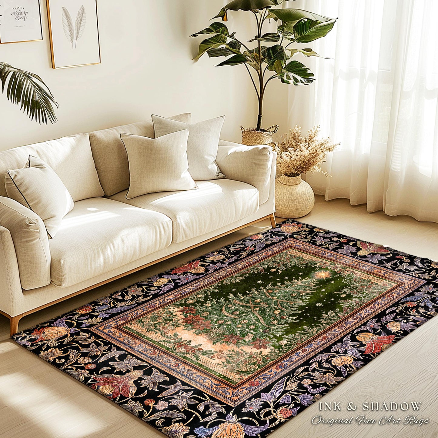 Warm & Cozy Christmas Tree Rug | Festive Vintage Holiday Floor Art Whimsical Winter Decor Decorative Floral Victorian Style Xmas Aesthetic