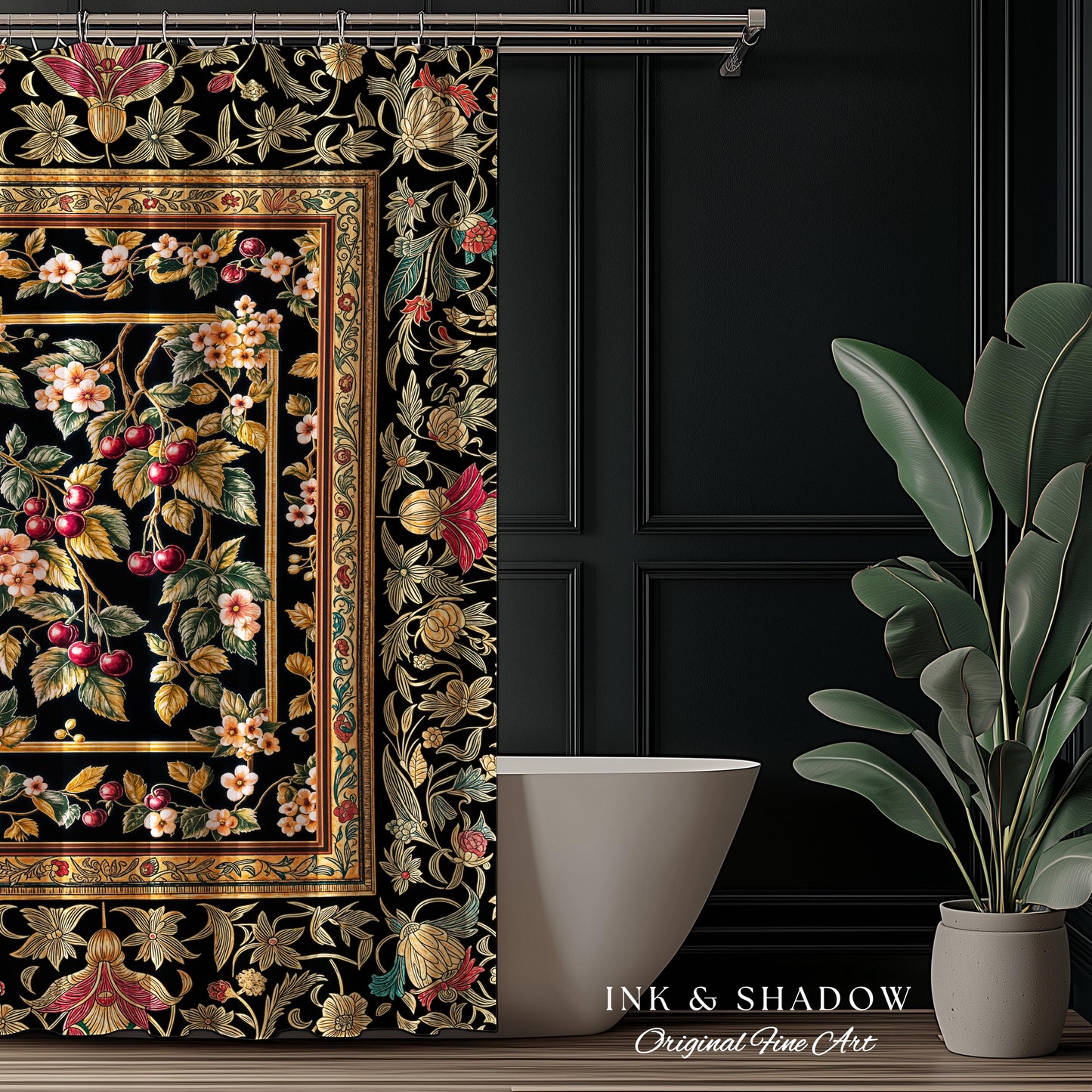 Mystic Baroque Cherry Garden Shower Curtain | Ornate Botanical Design Romantic Fruit Pattern Gothic Nature Rococo Floral Bathroom Accent |