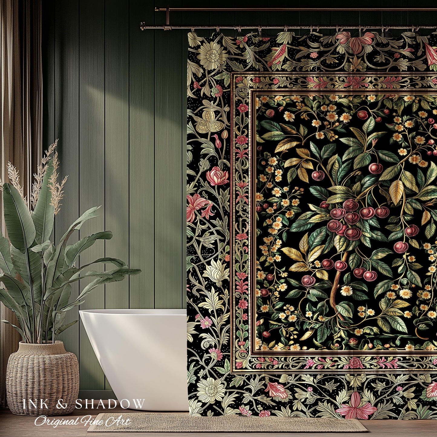 Gothic Elegance Cherry Shower Curtain | Victorian Cottagecore Decor Baroque Floral Style Gothic Garden Romantic Dark Aesthetic Bathroom |