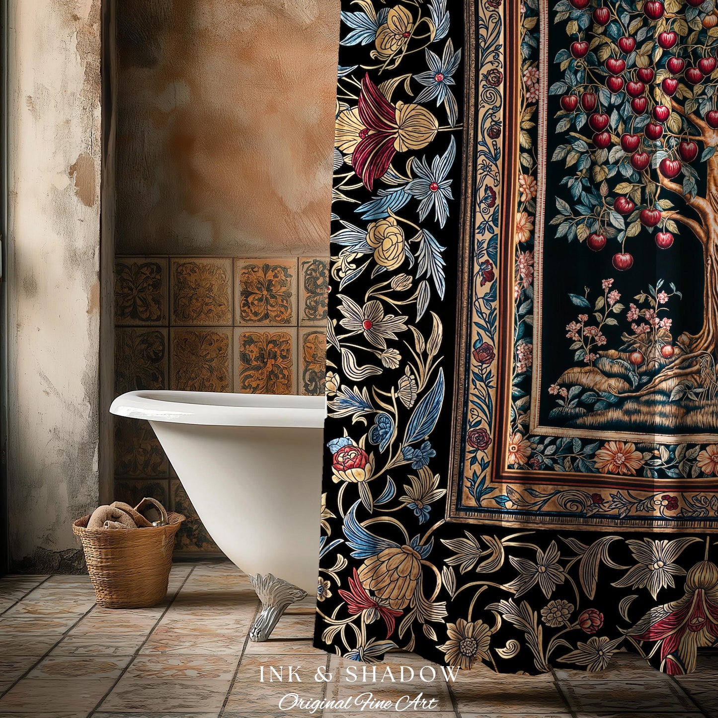 Medieval Cherry Tree of Life Shower Curtain | Baroque Botanical Pattern Romantic Gothic Style Garden Fruit Accent Maximalist Bathroom Decor