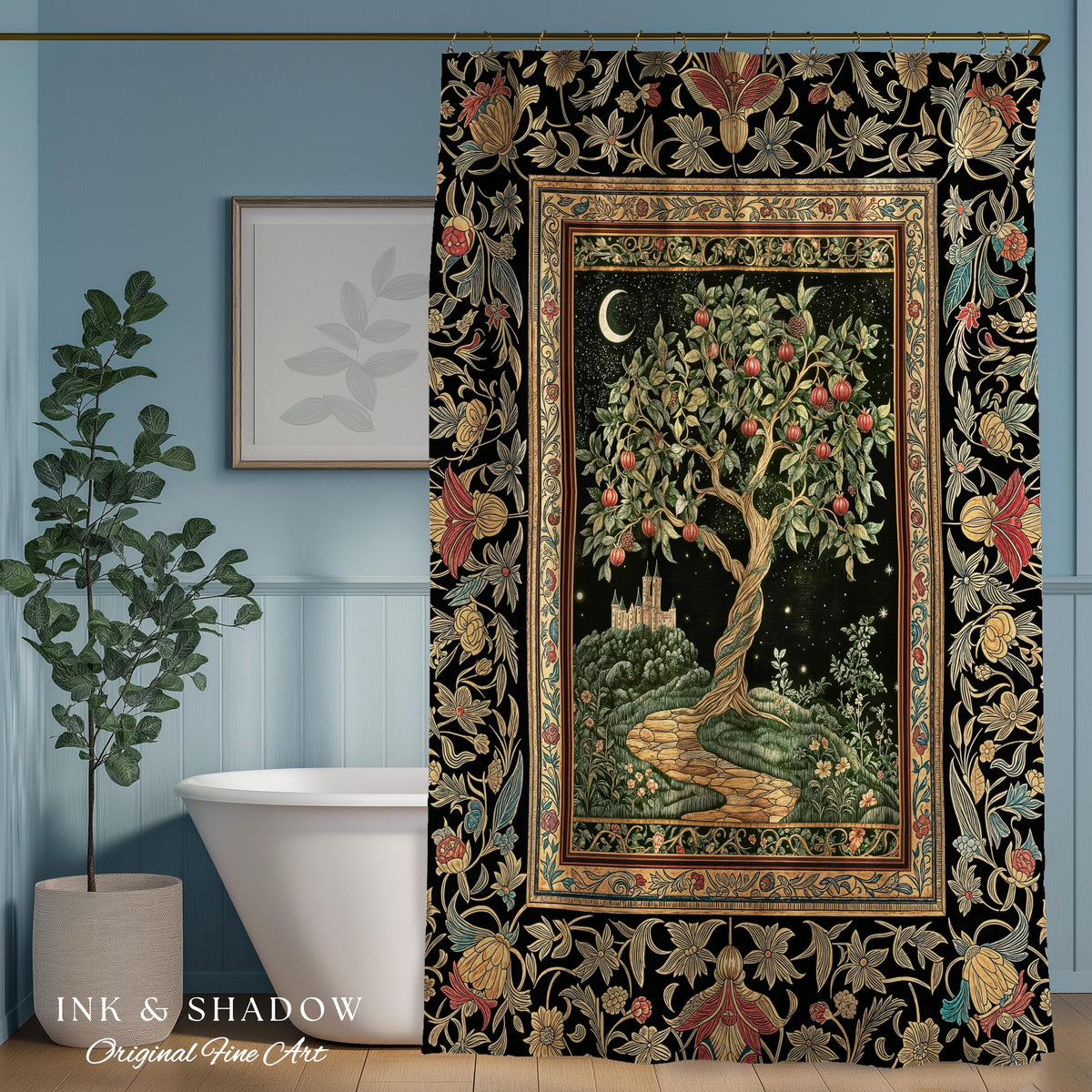 Moonlit Magic Whimsical Tree Shower Curtain | Celestial Forest Midnight Aesthetic Folklore Fairy Tale Decor Medieval Bathroom Accent Boho |