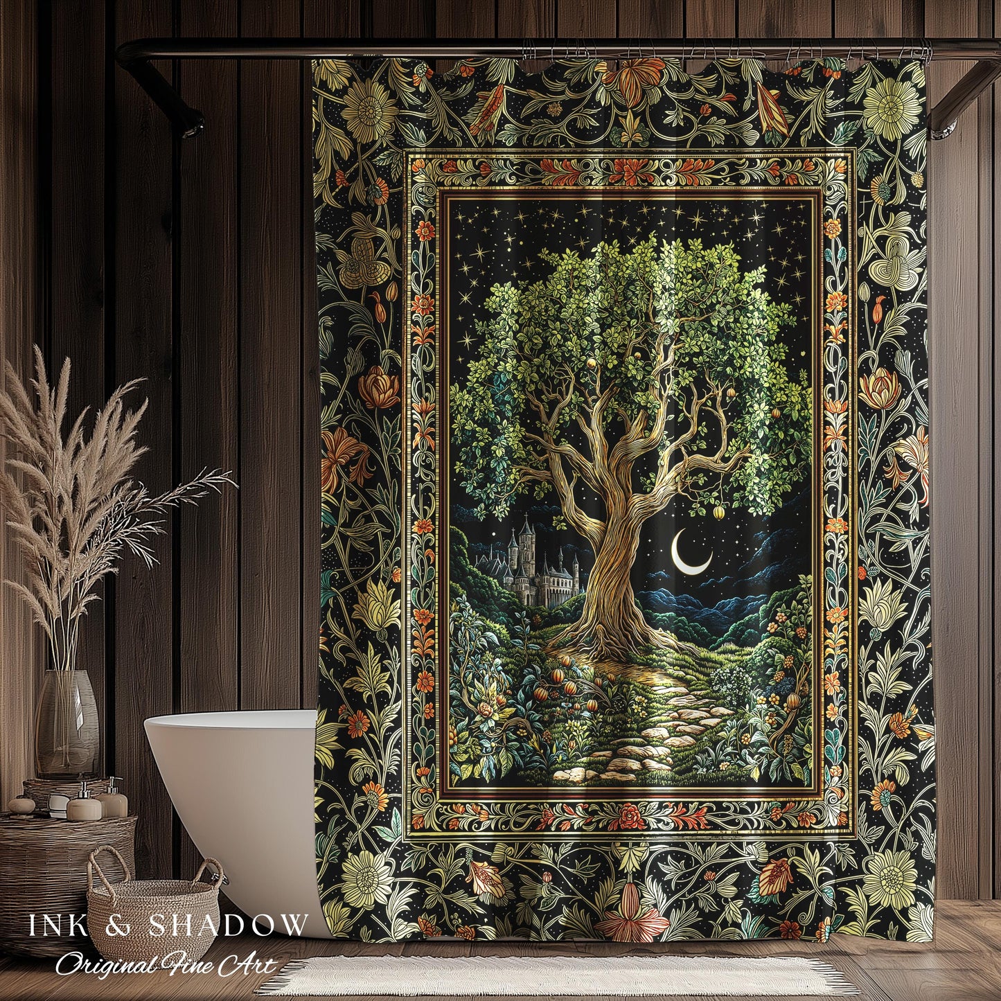 Fairytale Castle Tree of Life Shower Curtain | Celestial Forest Landscape Starry Sky Decor Witchy Bathroom Accent Mystical Cottagecore Boho