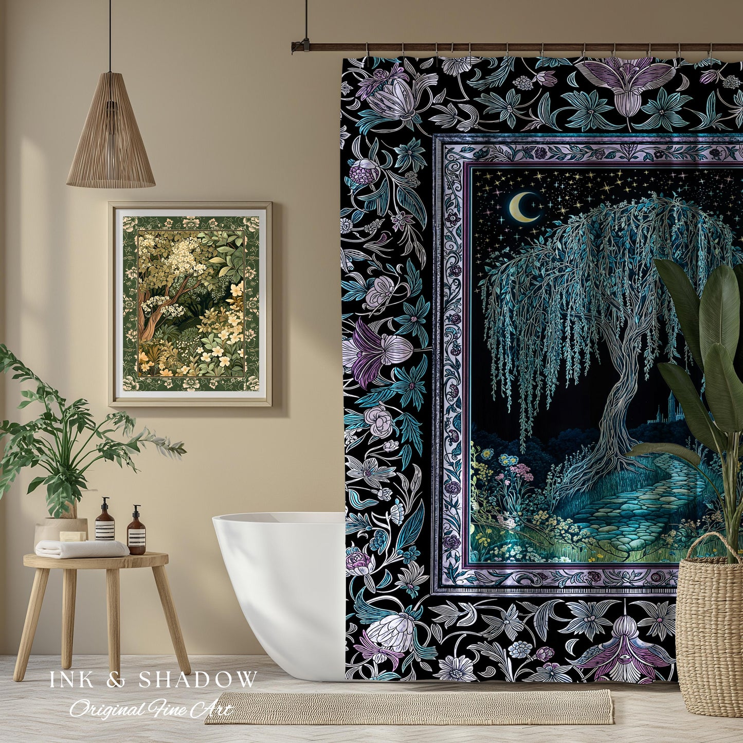 Dreamy Willow Tree Moody Bathroom Decor | Enchanted Aesthetic Celestial Folklore Storybook Witchy Shower Curtain Dark Academia Medieval |