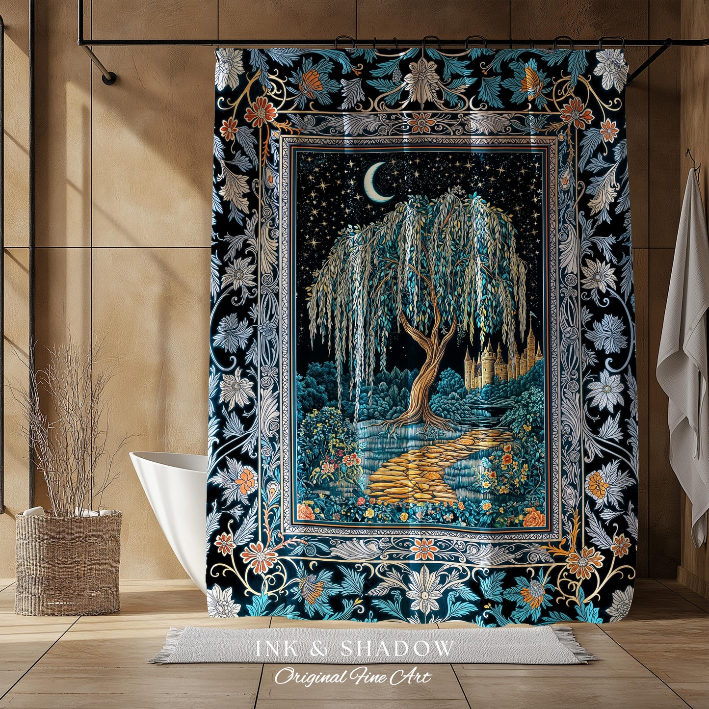 Crescent Moon Medieval Forest Shower Curtain | Weeping Willow Tree Fairytale Castle Garden Folklore Decor Celestial Bathroom Accent Witchy