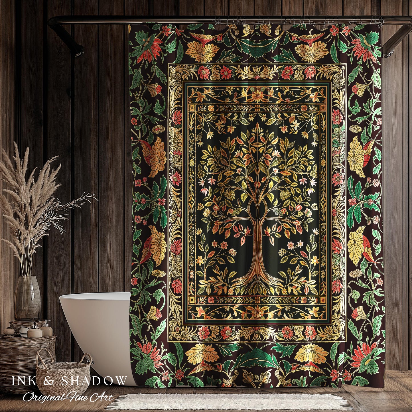 Whimsical Floral Tree of Life Shower Curtain | Eclectic Botanical Ornate Baroque Border Pastel Bathroom Accent Traditional Folk Art Rustic