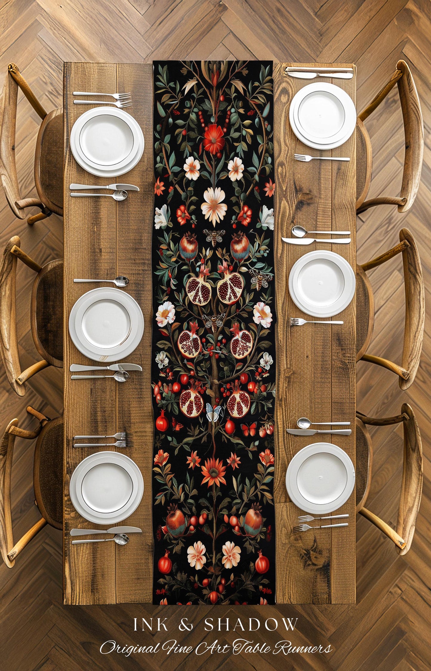 Enchanted Forest Pomegranate Table Runner Woodland Botanical Forestcore Decor | Nature Inspired Victorian Gothic Dark Cottagecore Aesthetic