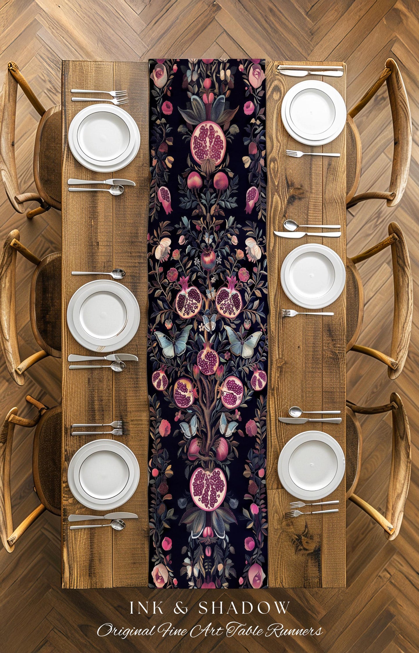 Whimsical Pomegranate Blanket Enchanted Woodland Table Runner | Dark Academia Vintage Floral Aesthetic Butterfly Dining Room Ethereal Home |