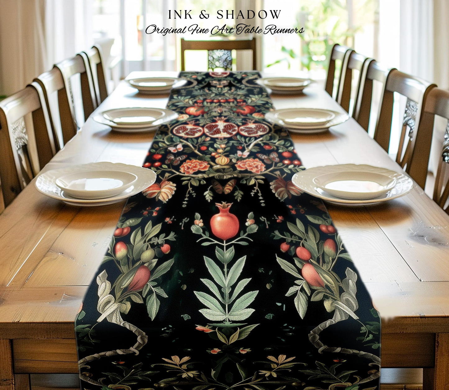 Botanical Pomegranate Table Runner Enchanted Floral Whimsigothic | Dark Academia Woodland Gothic Vintage Cottagegoth Occult Altar Decor Boho