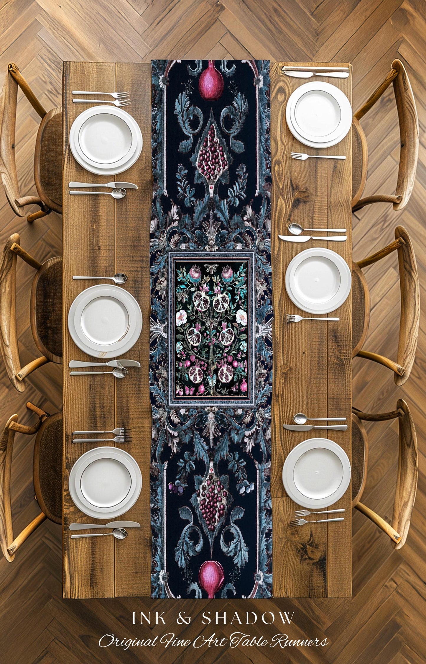 Enchanted Floral Pomegranate Table Runner Whimsigothic Botanical Cottagecore, Dark Academia Decor Indigo Blue Art Nouveau Mantle Accents |