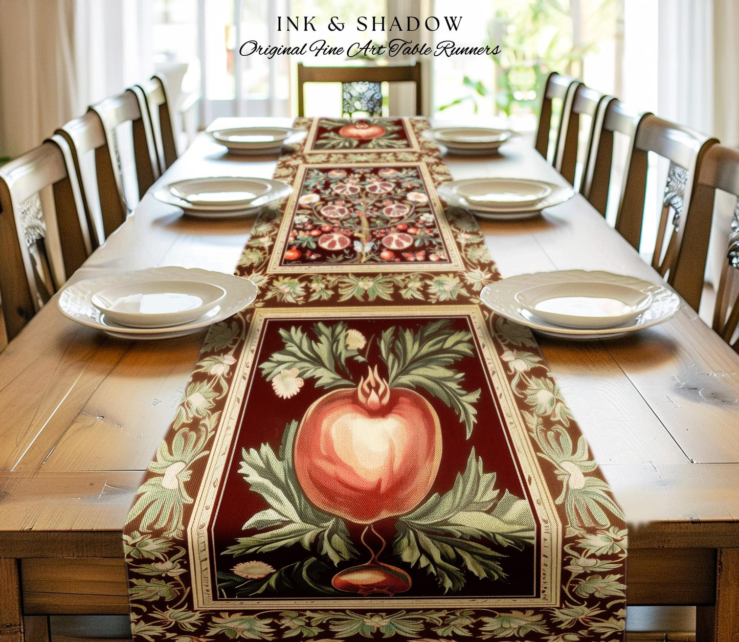 Antique Aesthetic Pomegranate Enchanted Garden Table Runner | Dark Cottagecore Gothic Woodland Whimsy Floral Butterfly Moth Decor Witchy |