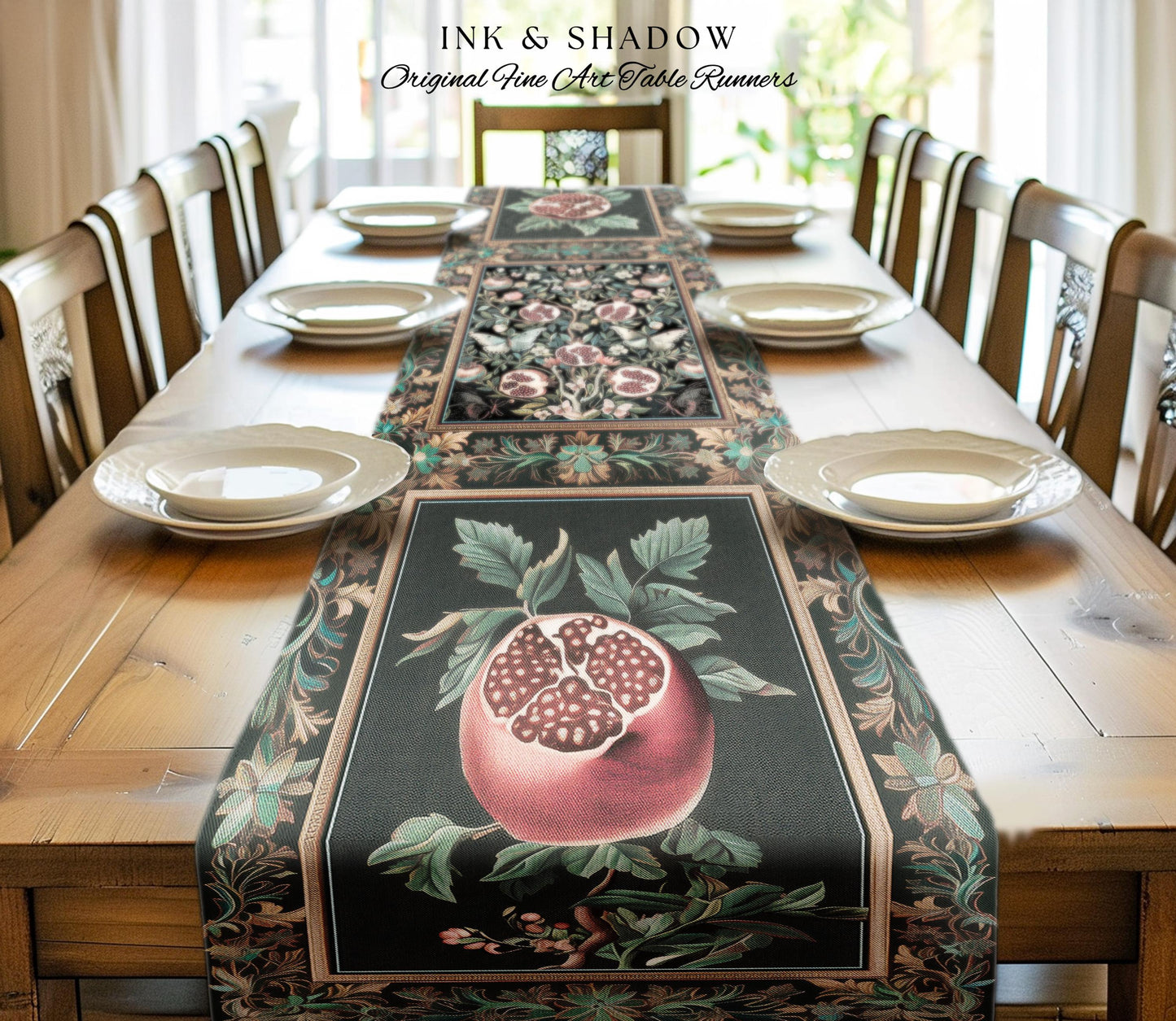 Mystical Pomegranate Forestcore Design Table Runner Whimsical Nature Inspired Botanical Cottagecore Decor, Vintage Woodland Gothic Aesthetic