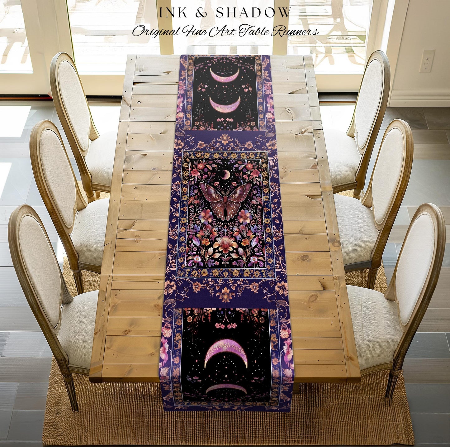 Witchy Botanical Moth Table Runner Whimsigothic Purple Floral Fairycore Aesthetic | Goth Cottagecore Butterfly Celestial Whimsy Dining Room