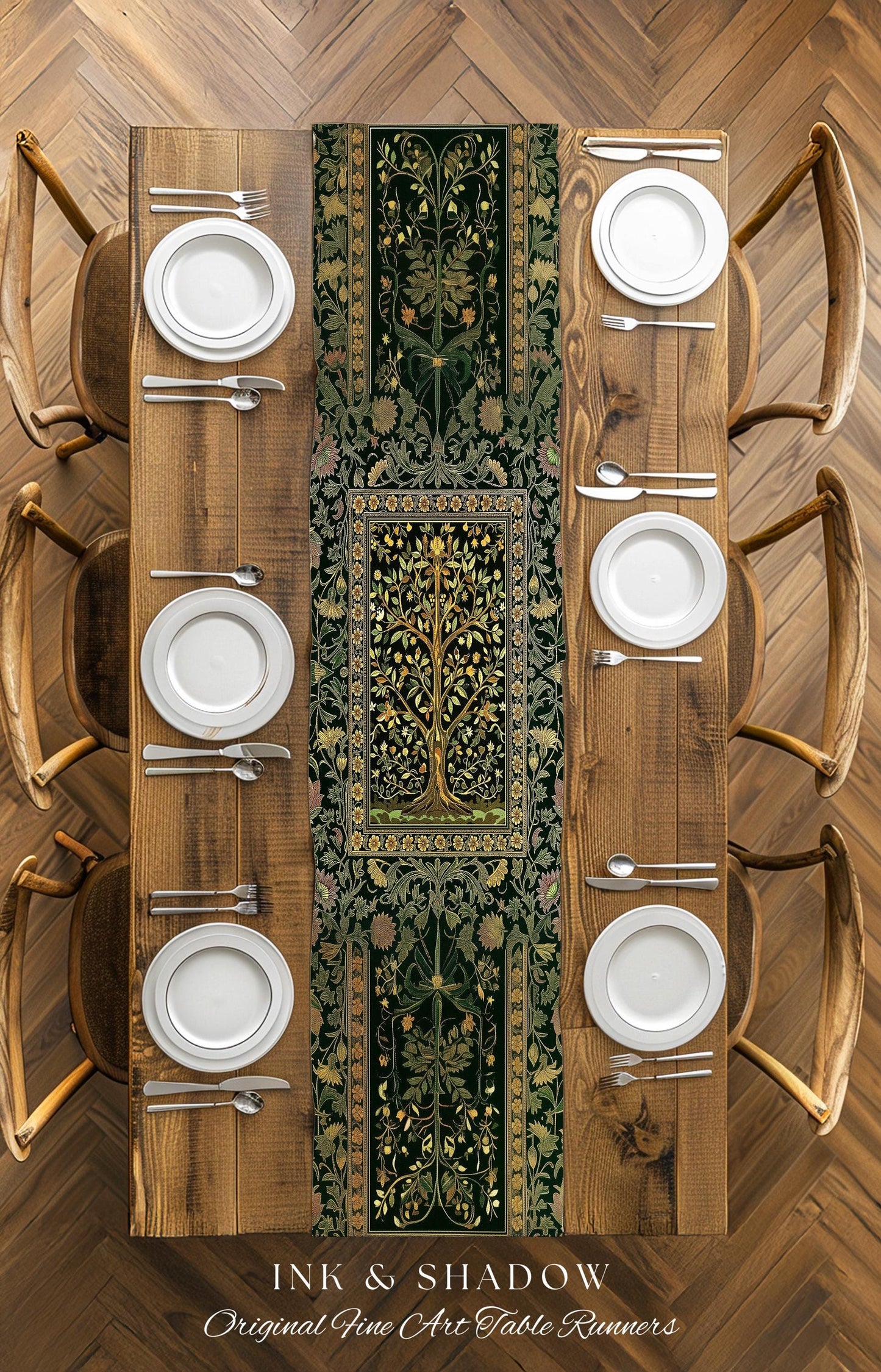 Golden Aesthetic Tree of Life Table Runner | Emerald Botanical Decor Romantic Folklore Gothic Vintage Floral Maximalist Dining Room Accent |