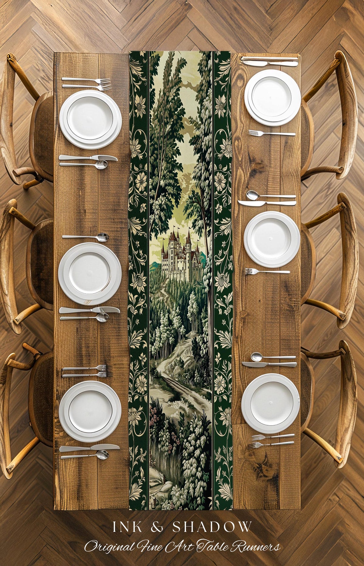 Medieval Castle Woodland Forest Table Runner Forestcore Dark Academia Fairytale Decor | Fairycore Magical Emerald Green Landscape Botanical
