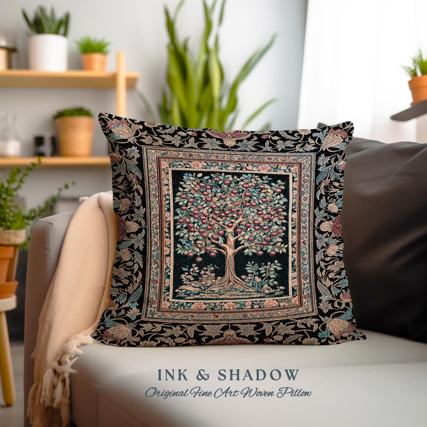 Medieval Cherry Tree of Life Decorative Cushion Tapestry Throw Pillow