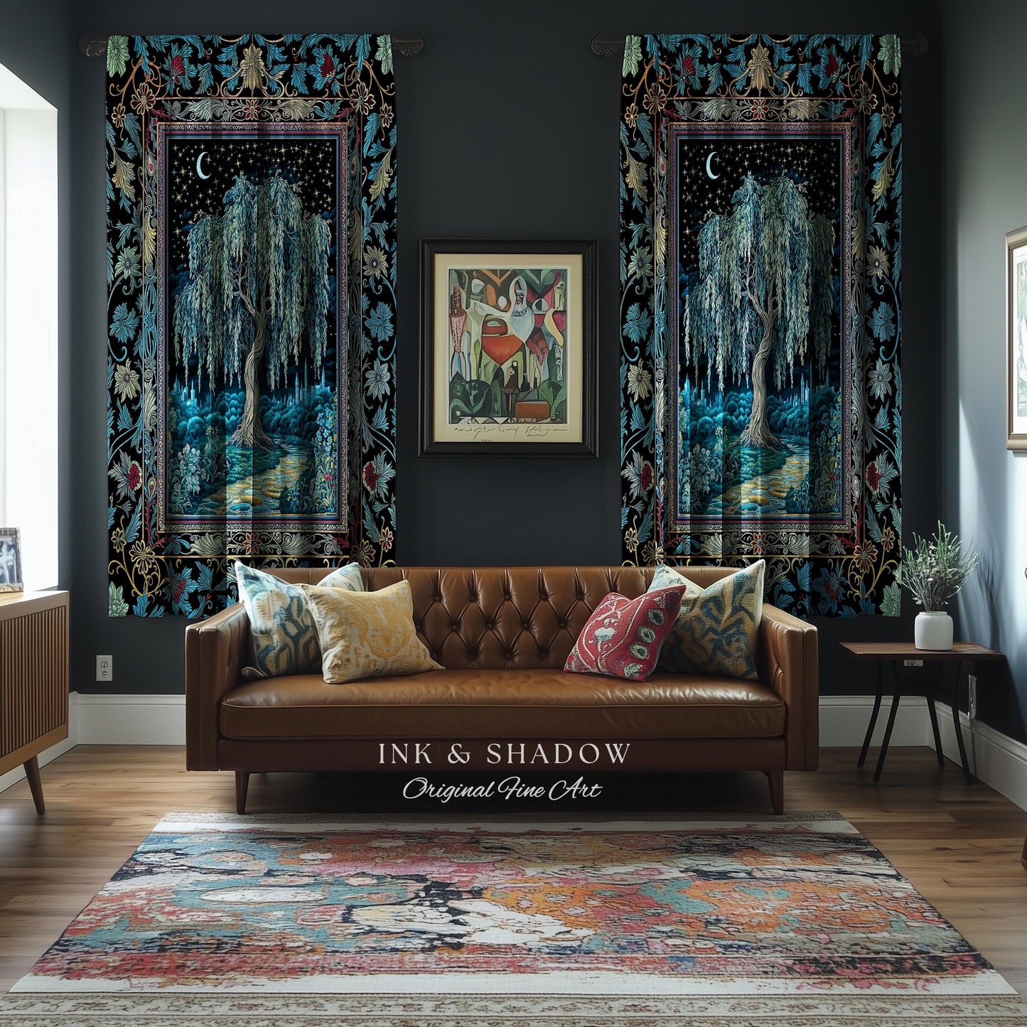 Starry Night Weeping Willow Tree Curtain | Woodland Folklore Aesthetic Moonlit Castle Fairytale Decor Ethereal Witchy Home Interior Accent