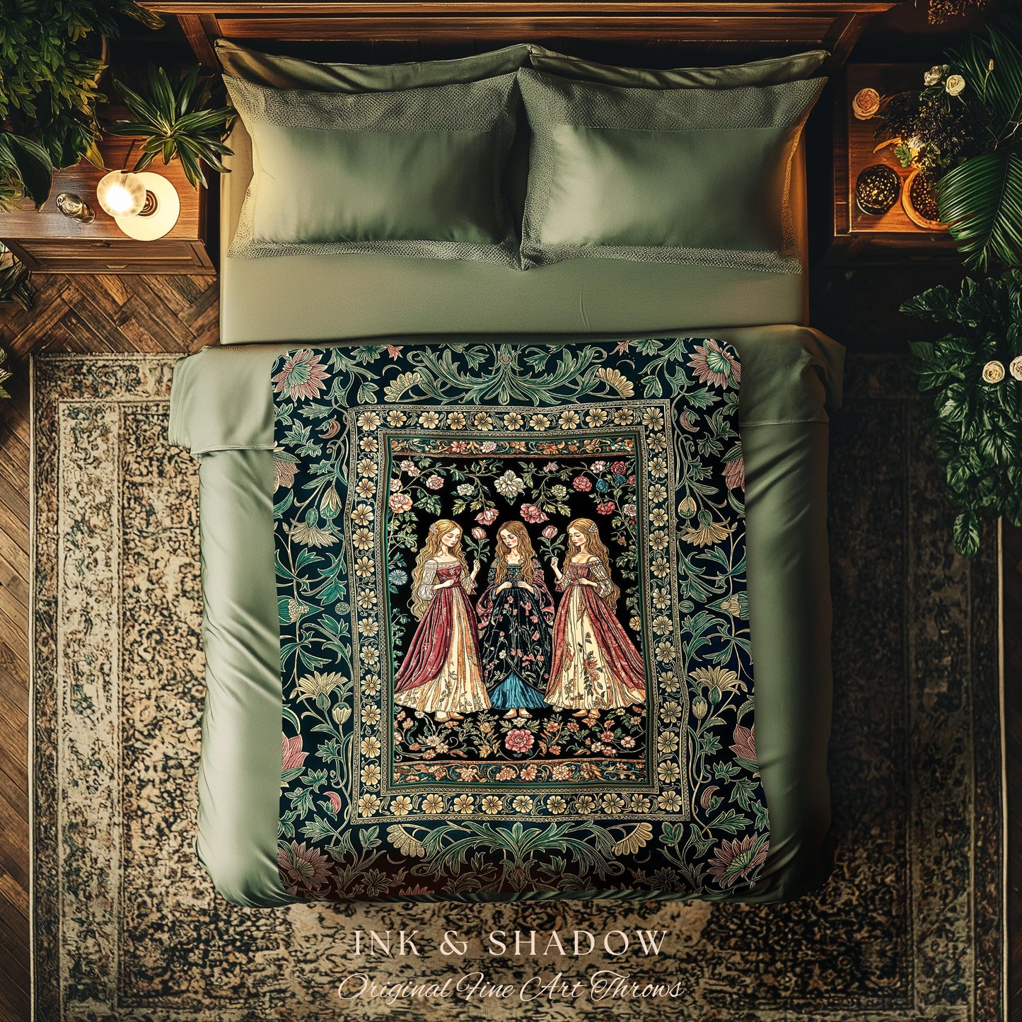 Three Maidens Whimsical Garden Folklore Tapestry Throw Romantic Botanical Cottagecore, Vintage Victorian Floral Fairytale Woven Wall Artwork