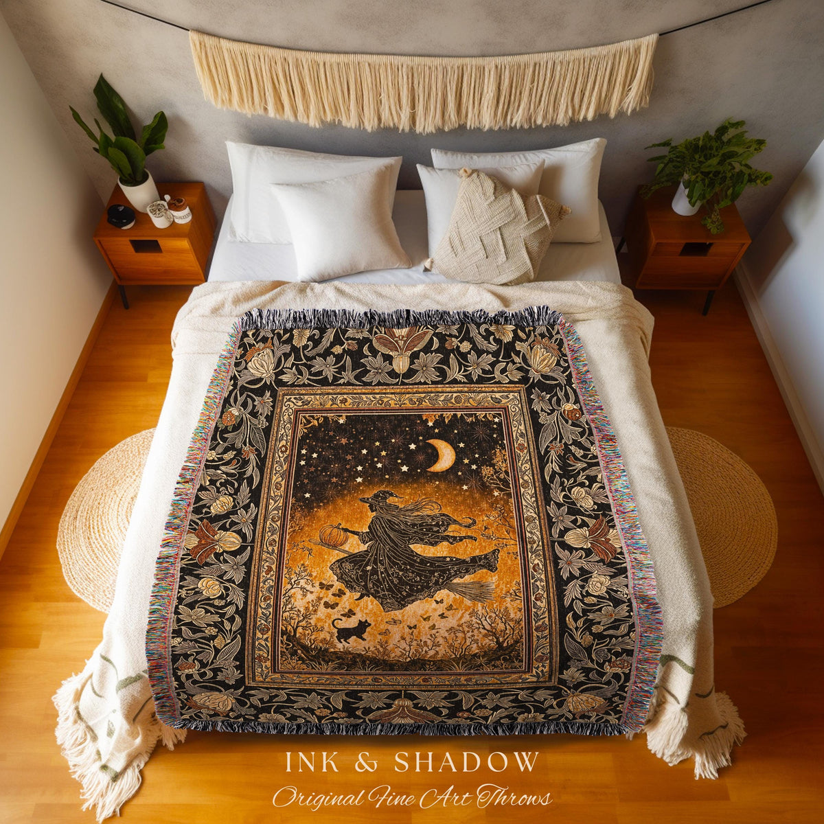 Amber Witch Gothic Folklore Blanket | Celestial Black Cat Halloween Decor Maximalist Woven Wall Tapestry Folklore Aesthetic Cottagecore |