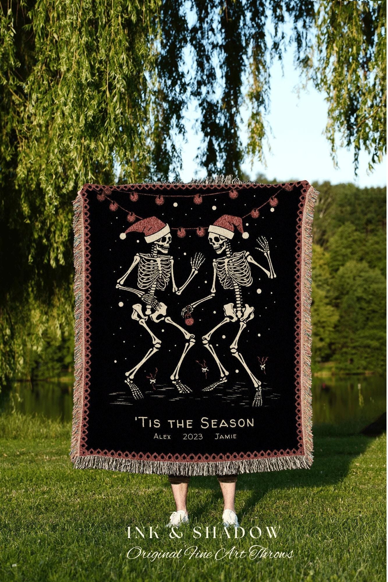 Spooky Christmas Skeletons | Personalized Christmas Gift for Best Friend Blanket Woven Tapestry | Holiday Custom Name Blanket Spooky Cute |