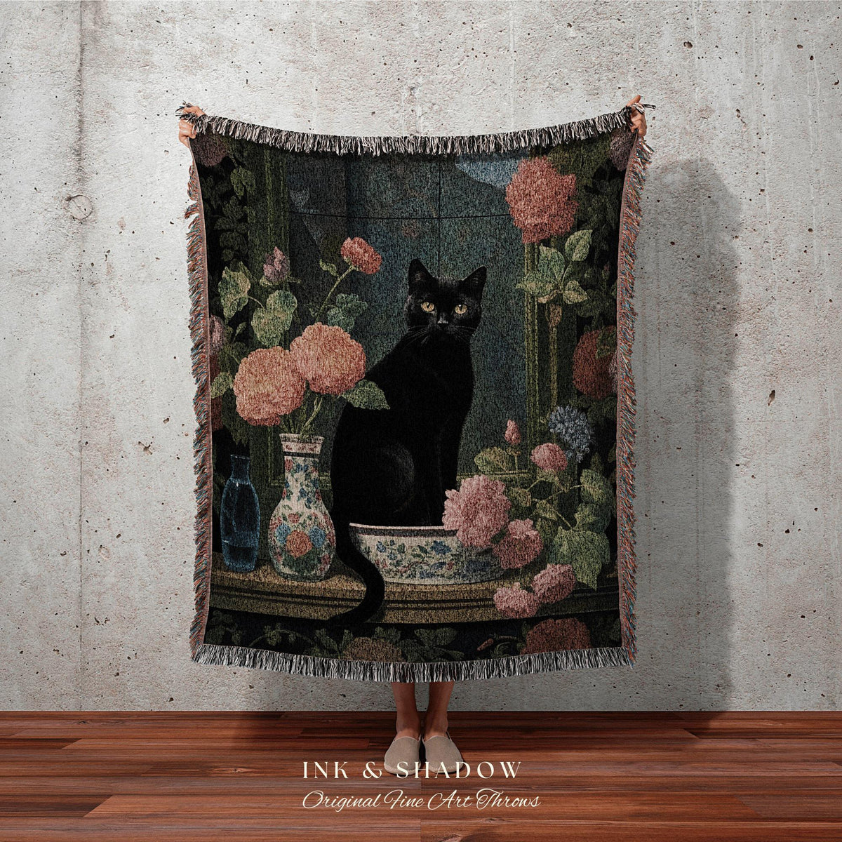 Floral Cat Blanket Woven Tapestry Gothic Decor | Dark Floral Black Cat Woven Blanket Fine Art Wall Art Funny Tapestry Whimsigoth Room Decor