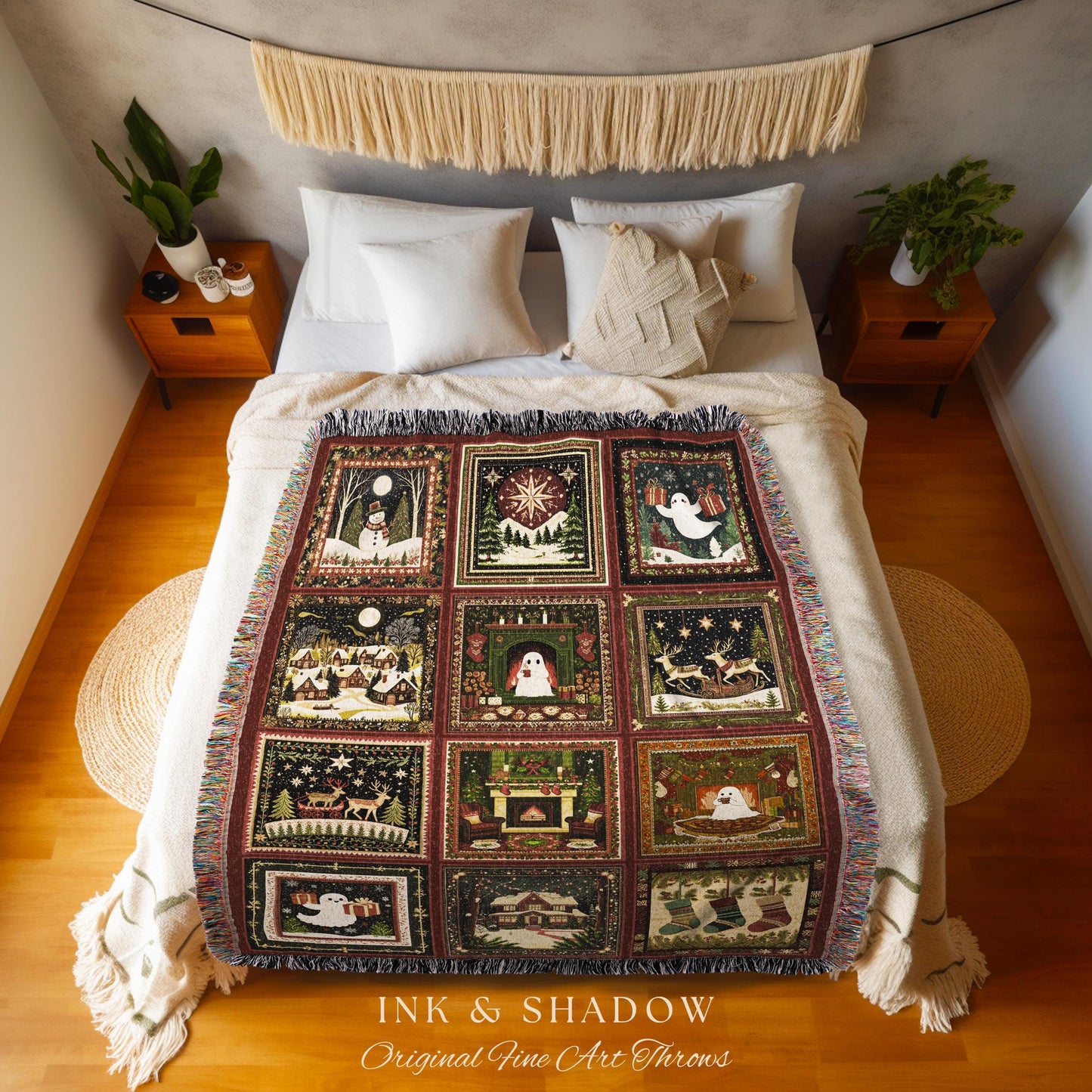 Rustic Yuletide Holiday Ghost Blanket | Gothic Christmas Jacquard Woven Seasonal Throw Cozy Whimsigoth Festive Cottagecore Witchy Xmas Gift