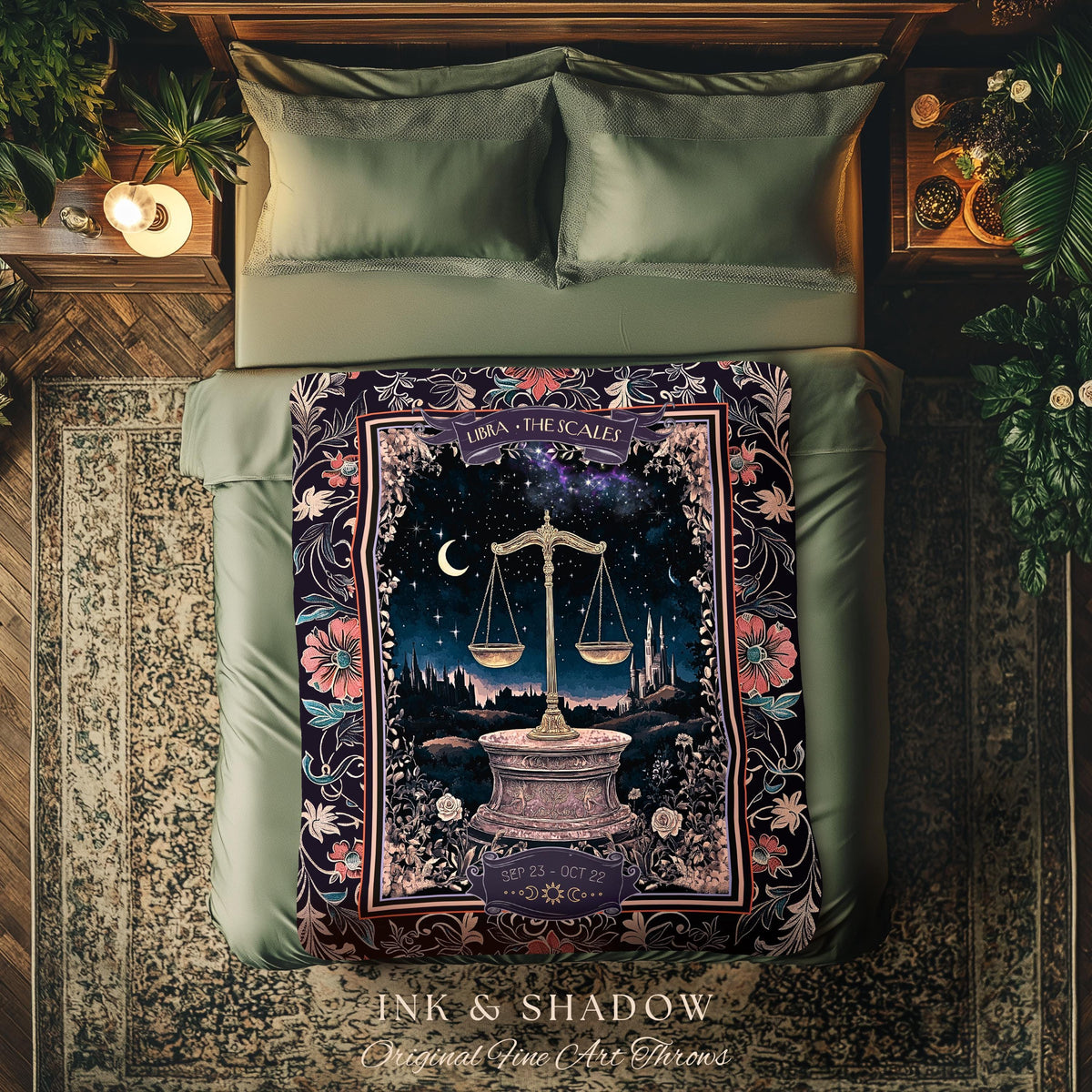 Dark Academia Libra Zodiac Tapestry Astrology Mystic Landscape Star Sign Blanket | The Scales Constellation Art Whimsigothic Celestial Throw