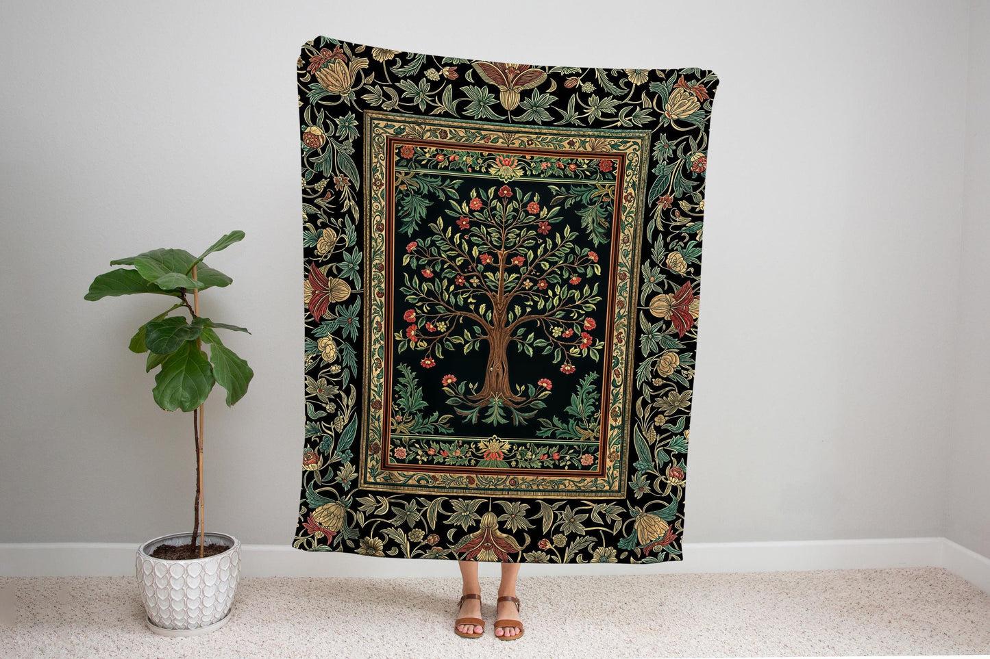 Medieval Folk Art Dark Floral Tapestry Tree Blanket Jacquard Woven Coverlet