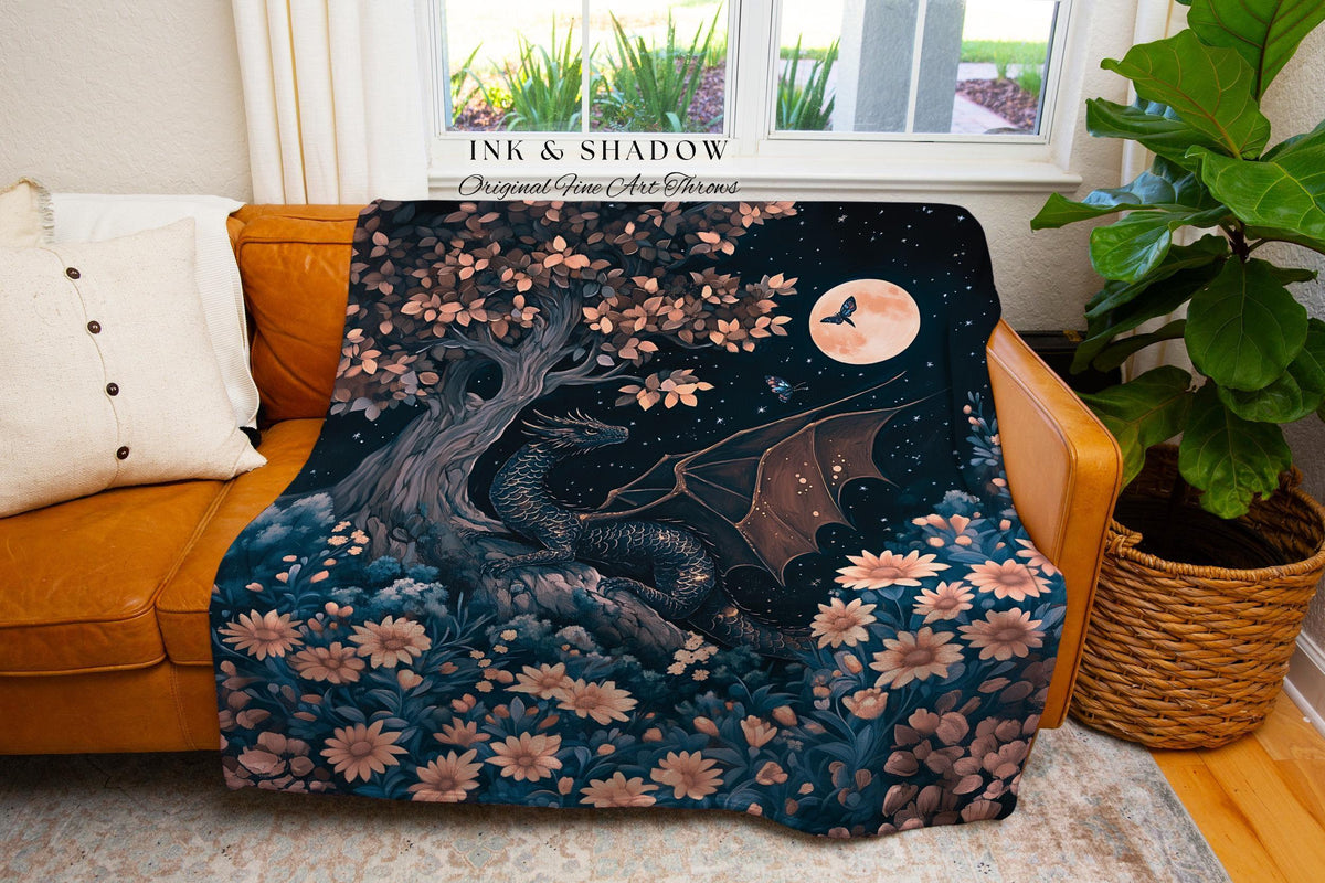 Twilight Dragon Dreamscape Blanket Dark Floral Enchanted Victorian Gothic Art Decor | Mystic Forest Whimsical Folklore Magic Tapestry Throw