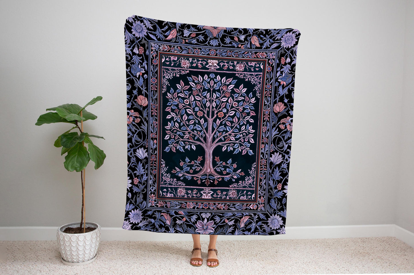 Whimsical Lavender Tree of Life Throw Blanket Woven Cotton Wall Tapestry