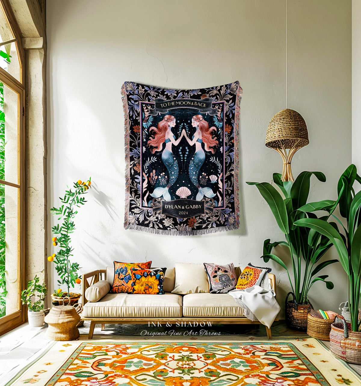 Mystical Mermaid Custom Couple Blanket Ocean Fantasy Art Tapestry Throw | Whimsical Coastal Cottagecore Romantic Fairytale Gift Home Accent