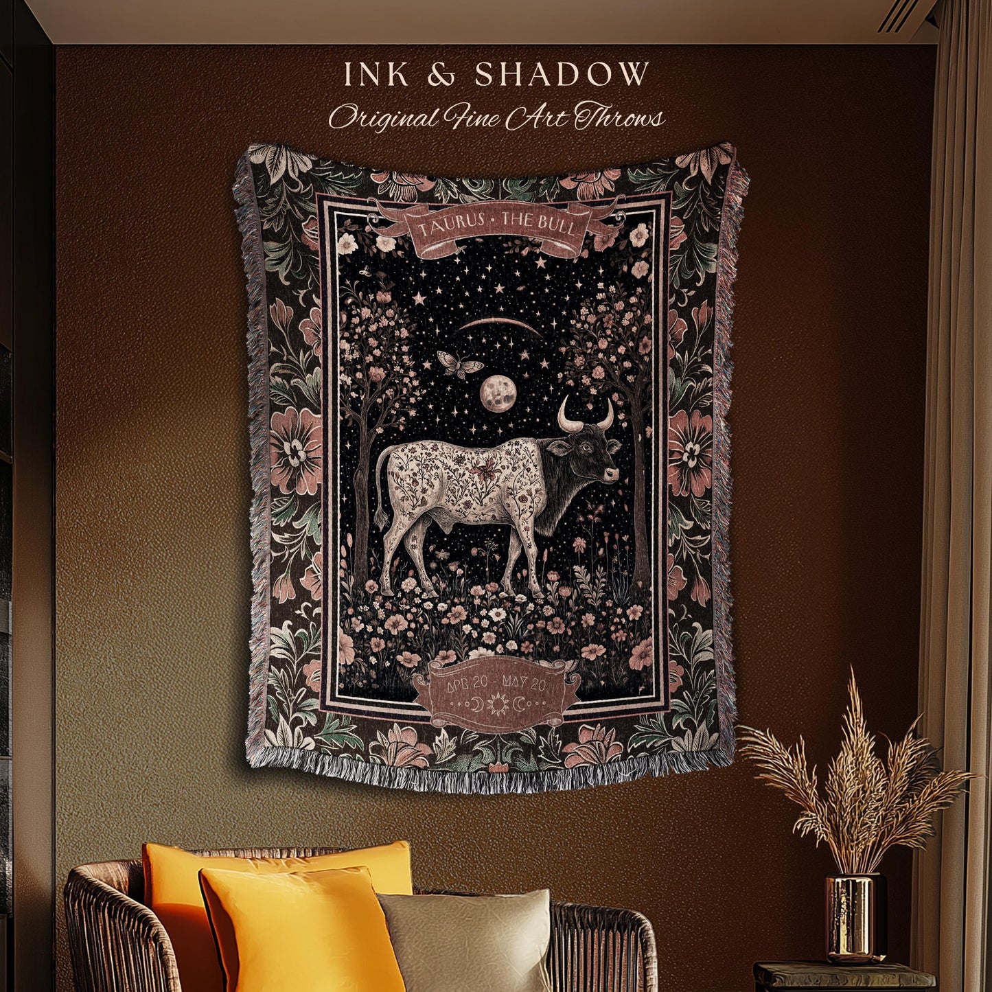 Victorian Gothic Taurus Zodiac Blanket Celestial Birthday Tapestry, The Bull Astrology Art Throw Baroque Romanticism Earth Sign Floral Decor