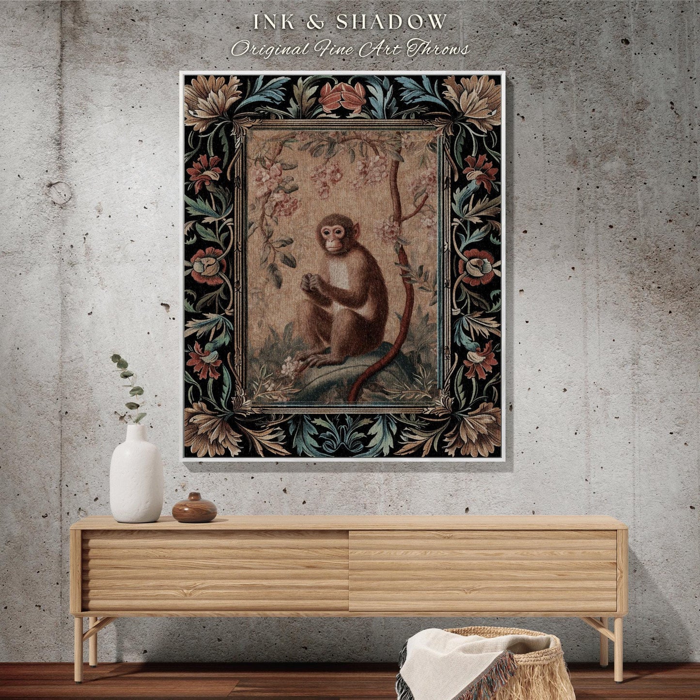Victorian Gothic Woven Throw Blanket | Woodland Tapestry Decor William Morris Monkey Vintage Cottagecore Aesthetic Dark Fairycore Woven Art