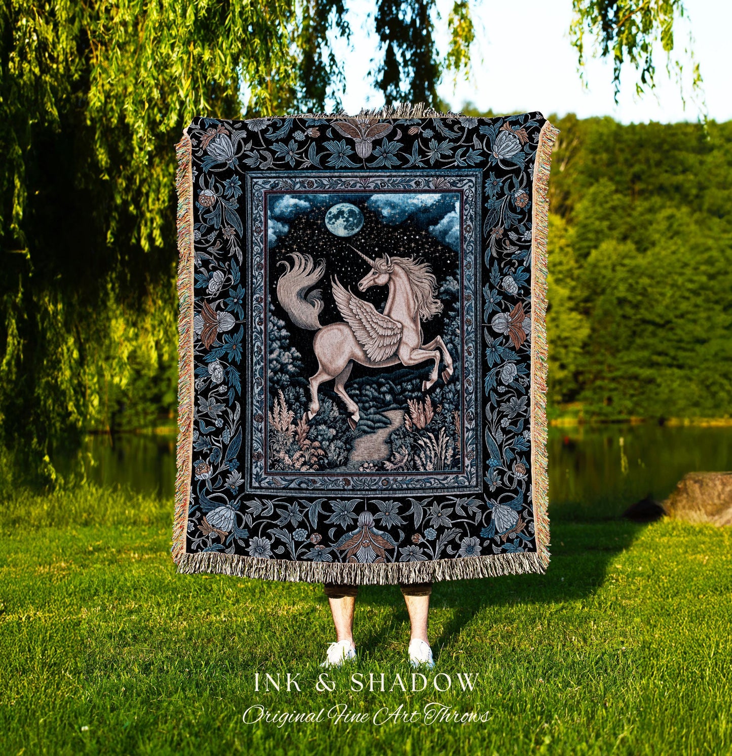Starlit Blue Pegasus Ethereal Throw | Mystical Castlecore Decor Fairytale Baroque Woven Tapestry Blanket Regal Fantasy Moonlight Forest |