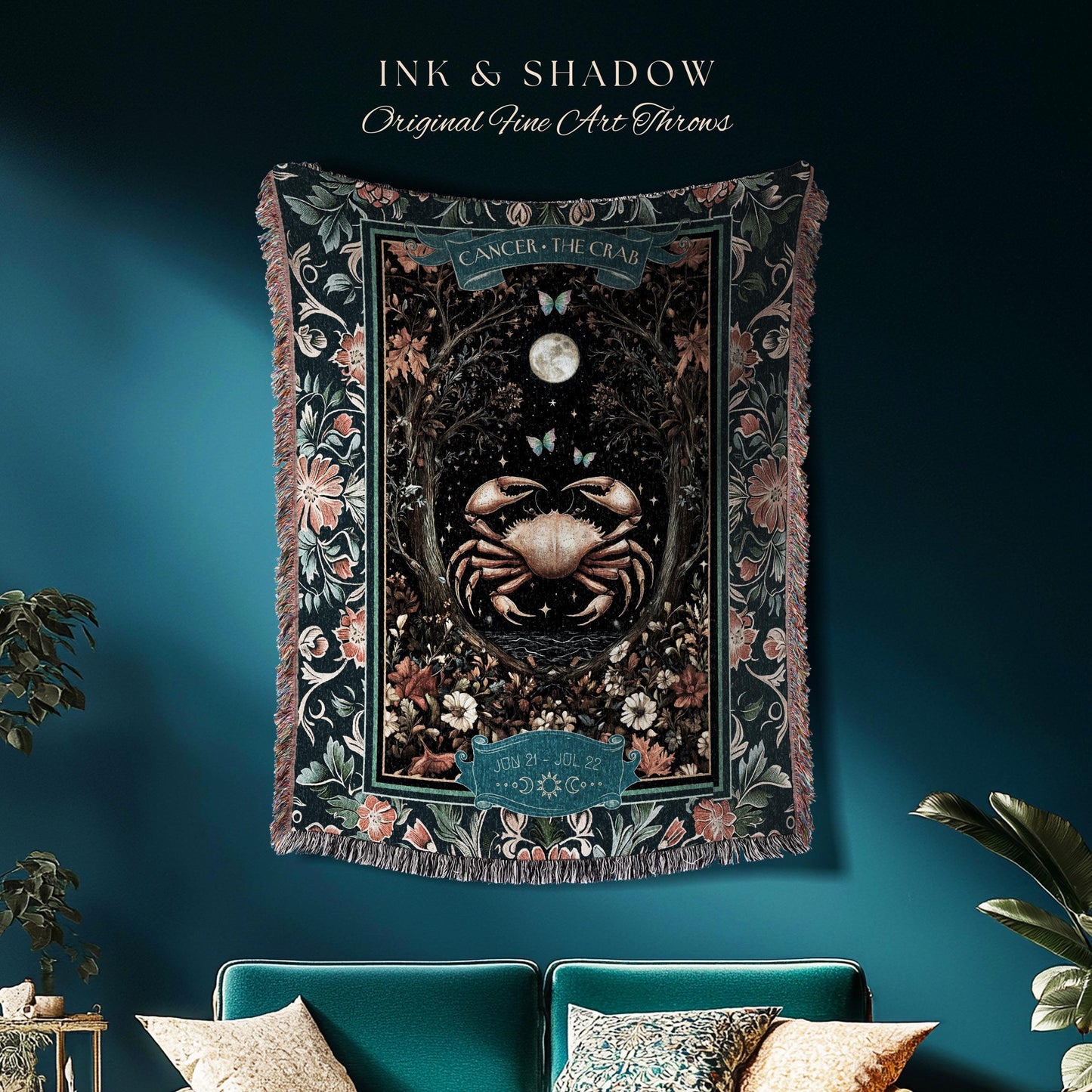 Midnight Full Moon Enchanted Forest Cancer Zodiac Blanket Celestial Throw | The Crab Astrology Tapestry Mystical Constellation Birthday Gift