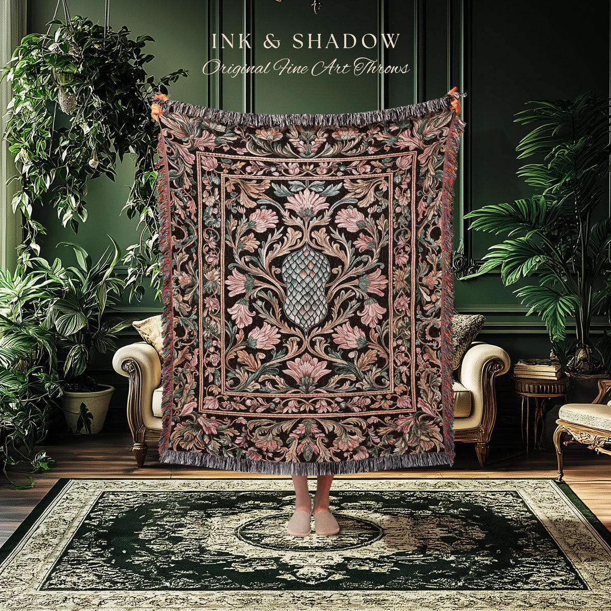 Princess Pink Ornate Woven Tapestry | Storybook Elegance Pastel Whimsical Throw Blanket Dragon Scale Fantasy Coquette Bedroom Princesscore