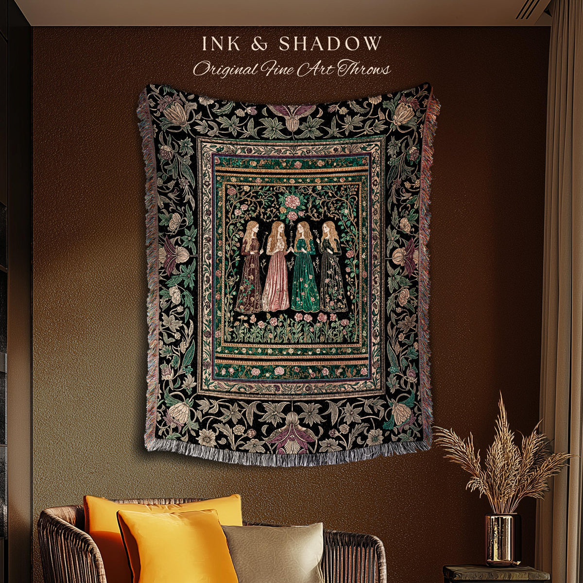 Victorian Witch Sisters Throw Blanket | Enchanted Folklore Gothic Floral Forest Tapestry Celestial Art Nouveau Magic Aesthetic Whimsical |