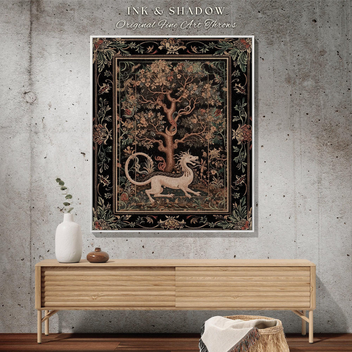 Medieval Dragon Woven Throw | Nordic Home Decor Morris Tapestry Fairycore Aesthetic Maximalist Gift for Goths Woodland Cottagecore Dragon