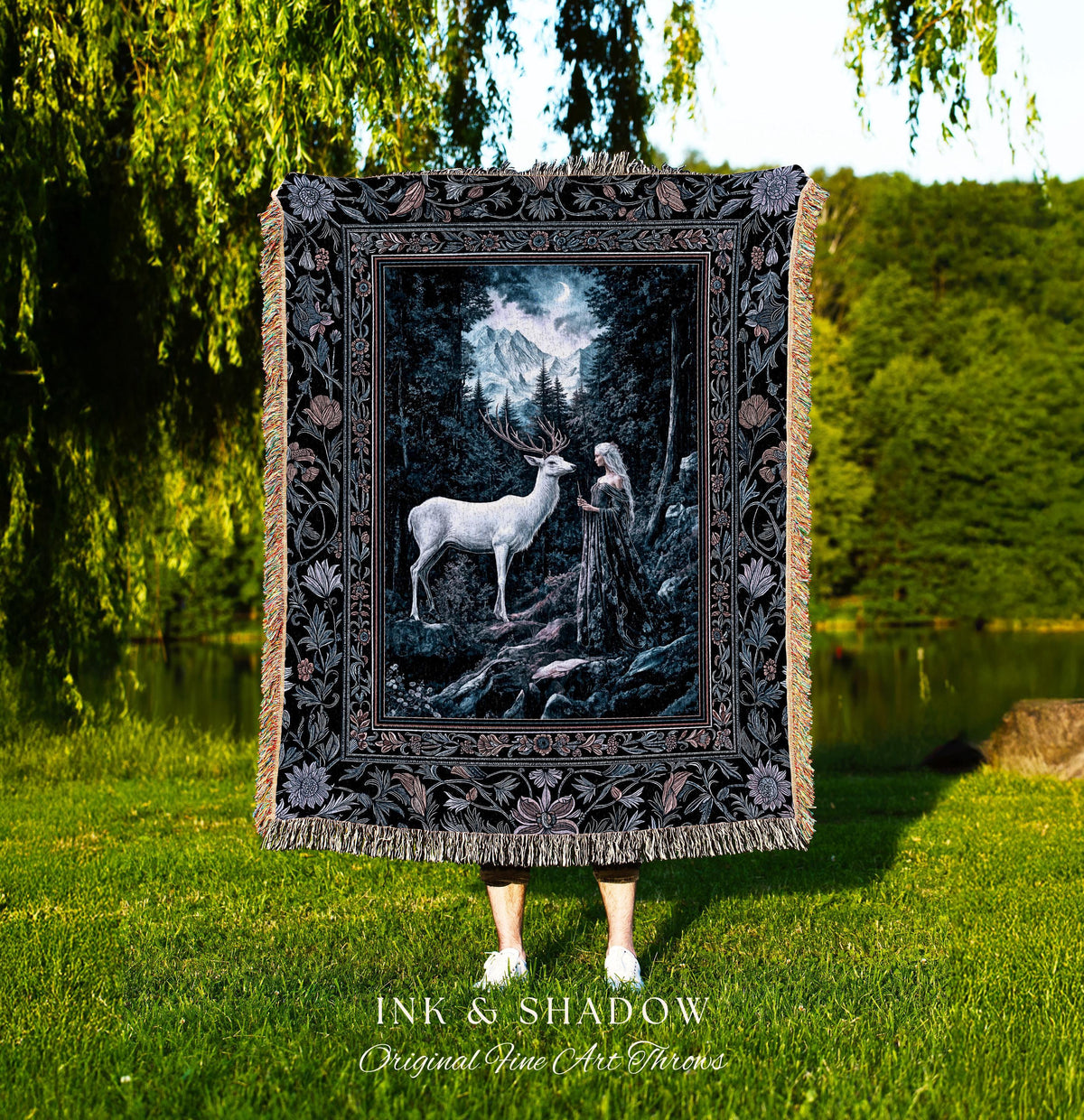 Goddess of the Woods Woven Tapestry | Ethereal Forest Folklore Inspired Nature Throw Blanket Botanical Cottagecore Medieval Magic Romantic |