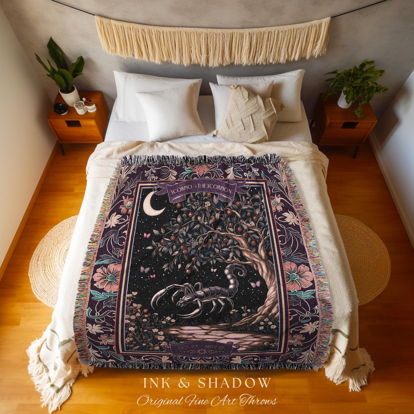 Whimsigothic Scorpio Zodiac Throw Moonlit Enchanted Forest Astrology Tapestry | The Scorpion Dark Fairytale Witchy Woodland Birth Month Art