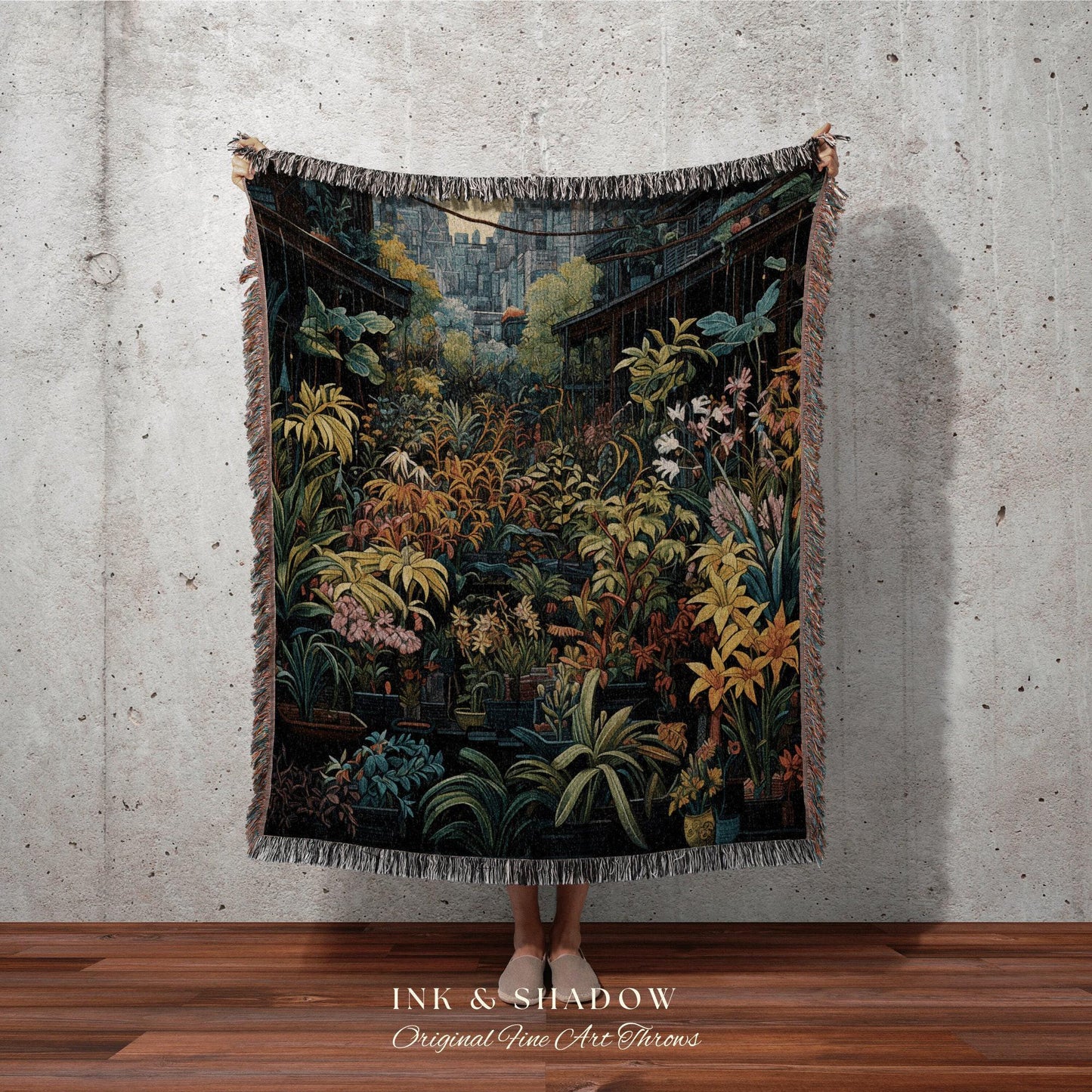 Amsterdam Flower Market Dark Floral Woven Throw Blanket | Flower Wall Backdrop Floral Tapestry Flower Market Wall Art Botanical Blanket |