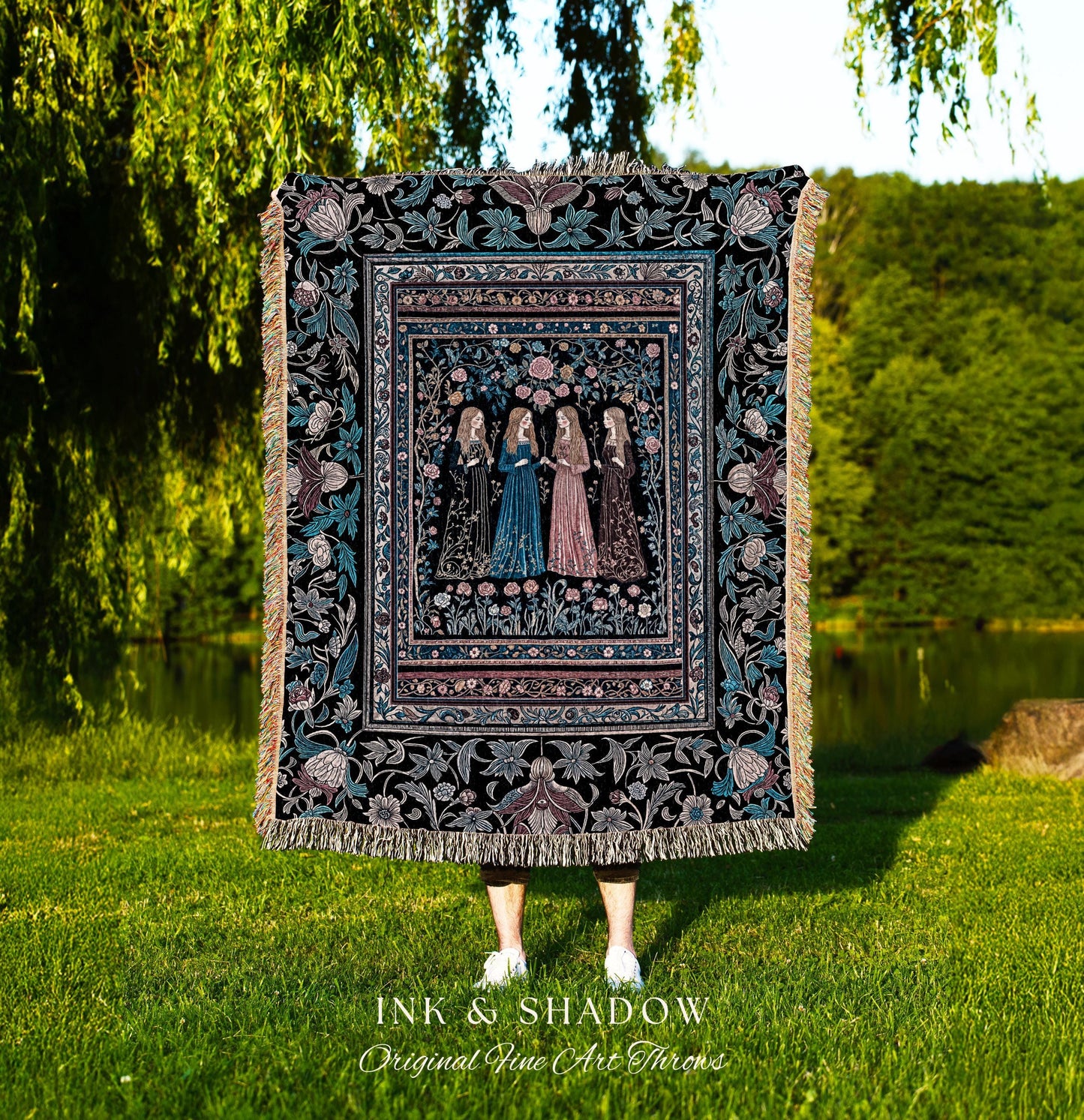 Victorian Gothic Maiden Witches Woven Blanket | Arcane Witchcraft Celestial Baroque Ethereal Folklore Wall Tapestry Romantic Floral Style |